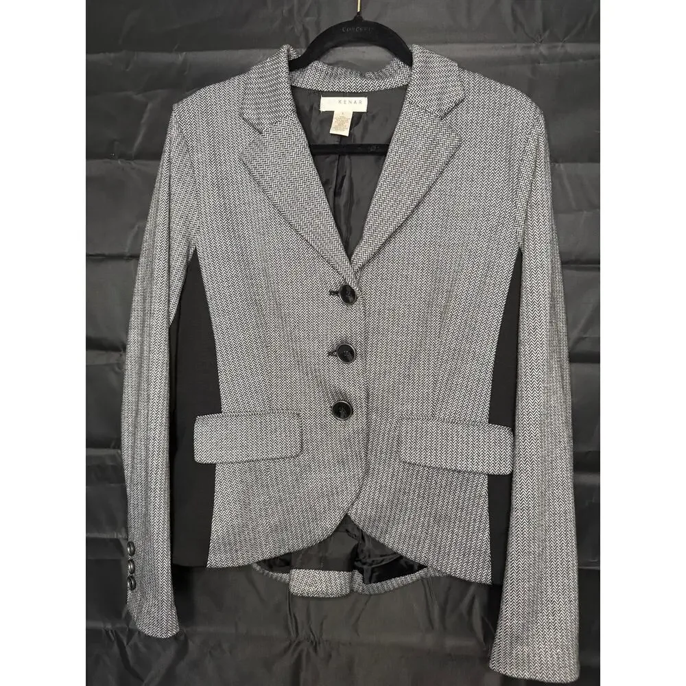 Kenar Black Gray Knit Blazer Jacket Size L Tailored Career 3 Button - Picture 2 of 8